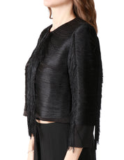 GIACCA DONNA CARLA RUIZ NERA MODELLO CHANEL CON MOTIVO DI FRANGE