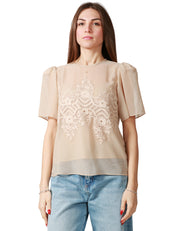 BLUSA DONNA CAROL RUIZ NUDE CON MEZZA MANICA A PALLONCINO E RICAMO IN PIZZO DAVANTI