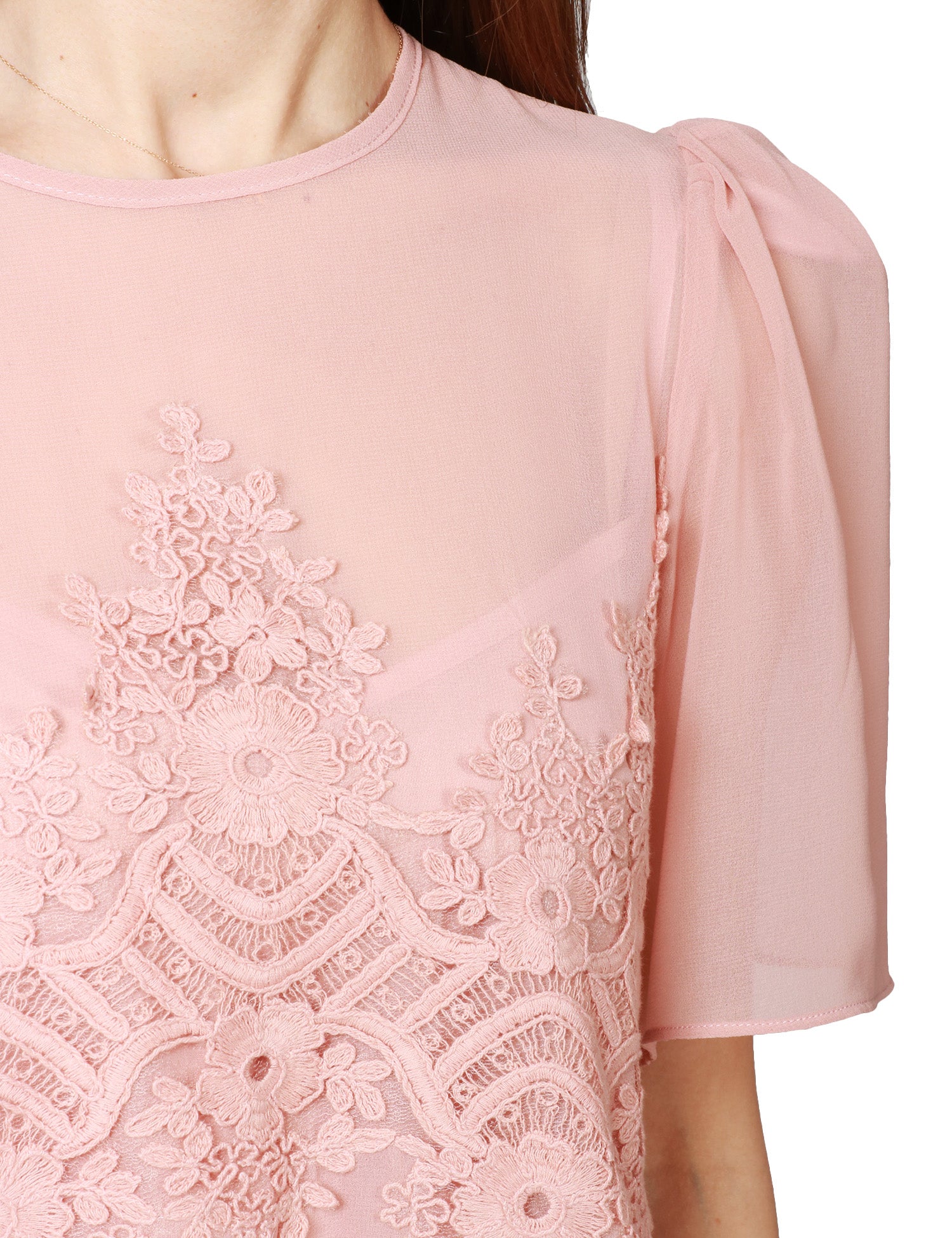 BLUSA CAROL RUIZ ROSA CON MEZZA MANICA A PALLONCINO E RICAMO PIZZO DAVANTI