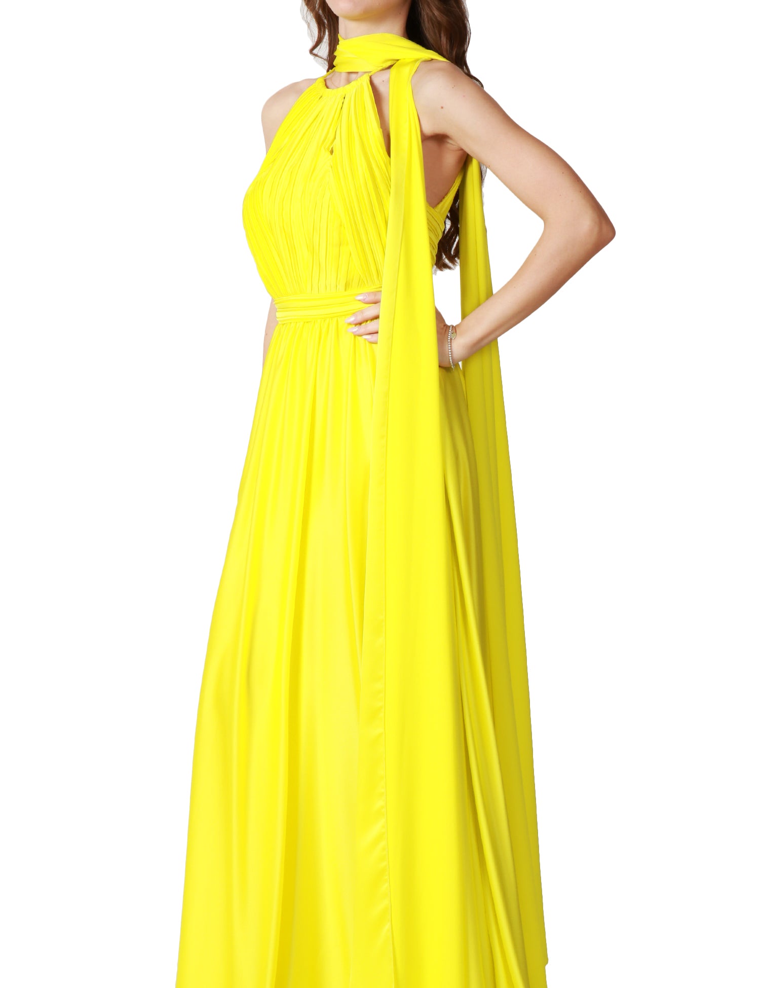 ABITO LUNGO DONNA CARLA RUIZ GIALLO CON SCOLLO ALL'AMERICANA E FUSCIACCA AL COLLO