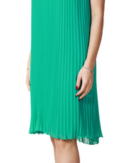 ABITO DONNA CARLA RUIZ TURCHESE PLISSETTATO CON SCOLLO ALL'AMERICANA E FIORI APPLICATI SUL DAVANTI