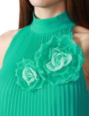 ABITO DONNA CARLA RUIZ TURCHESE PLISSETTATO CON SCOLLO ALL'AMERICANA E FIORI APPLICATI SUL DAVANTI