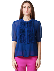 CAMICIA DONNA CARLA RUIZ AZZURRA A MANICA CORTA CON MOTIVO DI ROUCHES DAVANTI E BOTTONCINI GIOIELLO
