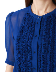 CAMICIA DONNA CARLA RUIZ AZZURRA A MANICA CORTA CON MOTIVO DI ROUCHES DAVANTI E BOTTONCINI GIOIELLO