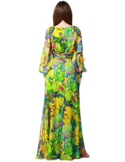 ABITO LUNGO CARLA RUIZ GIALLO A STAMPA FLOREALE CON MANICA LUNGA E SCOLLO A V IN LEGGERO CHIFFON