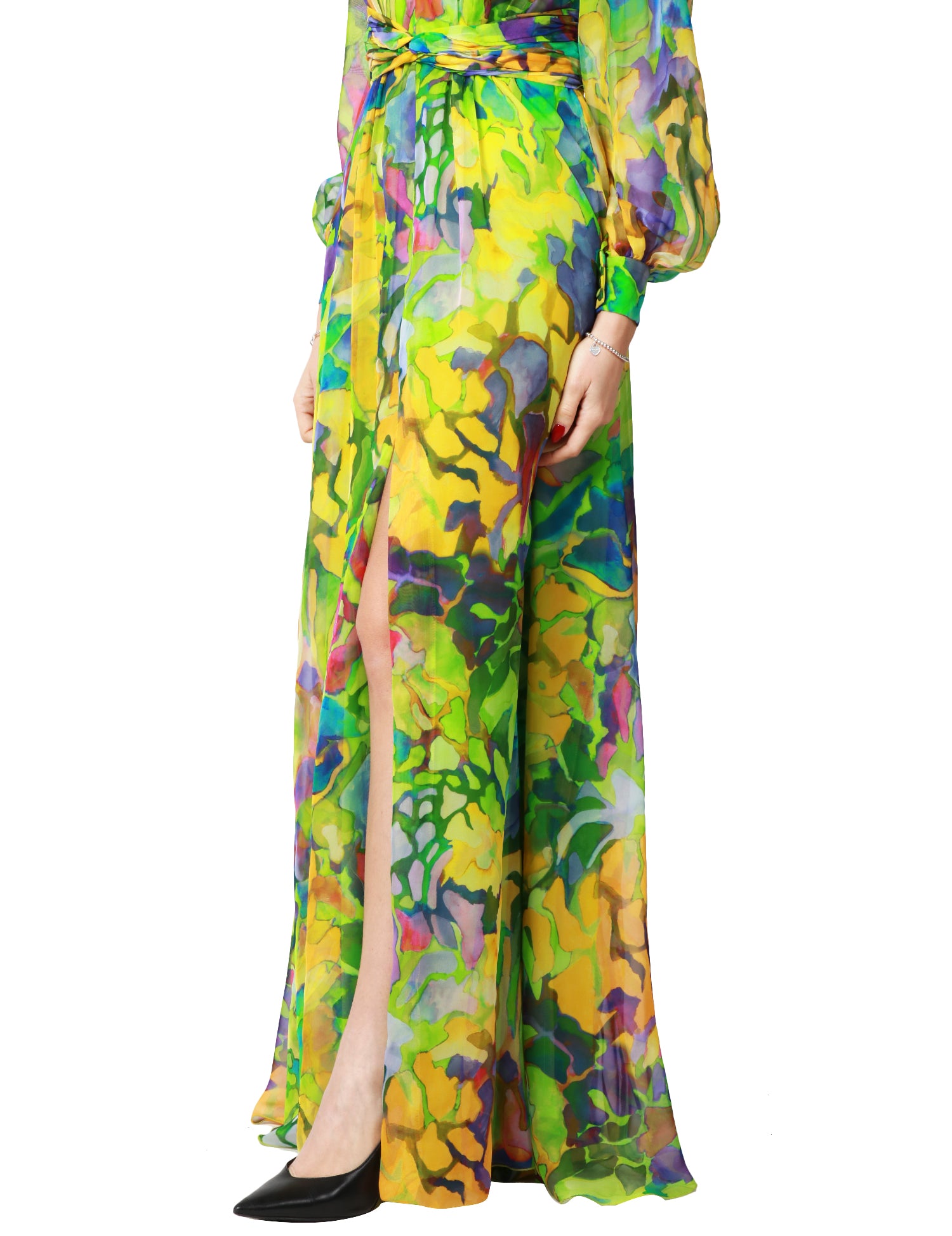 ABITO LUNGO CARLA RUIZ GIALLO A STAMPA FLOREALE CON MANICA LUNGA E SCOLLO A V IN LEGGERO CHIFFON