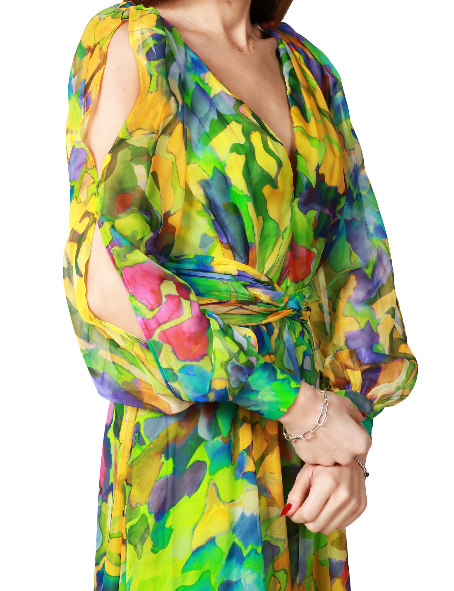 ABITO LUNGO CARLA RUIZ GIALLO A STAMPA FLOREALE CON MANICA LUNGA E SCOLLO A V IN LEGGERO CHIFFON