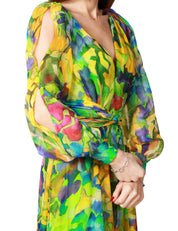 ABITO LUNGO CARLA RUIZ GIALLO A STAMPA FLOREALE CON MANICA LUNGA E SCOLLO A V IN LEGGERO CHIFFON