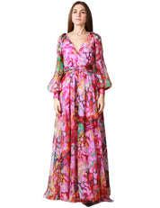 ABITO LUNGO CARLA RUIZ ROSA A FANTASIA FLOREALE CON MANICA LUNGA E SCOLLO A V IN CHIFFON
