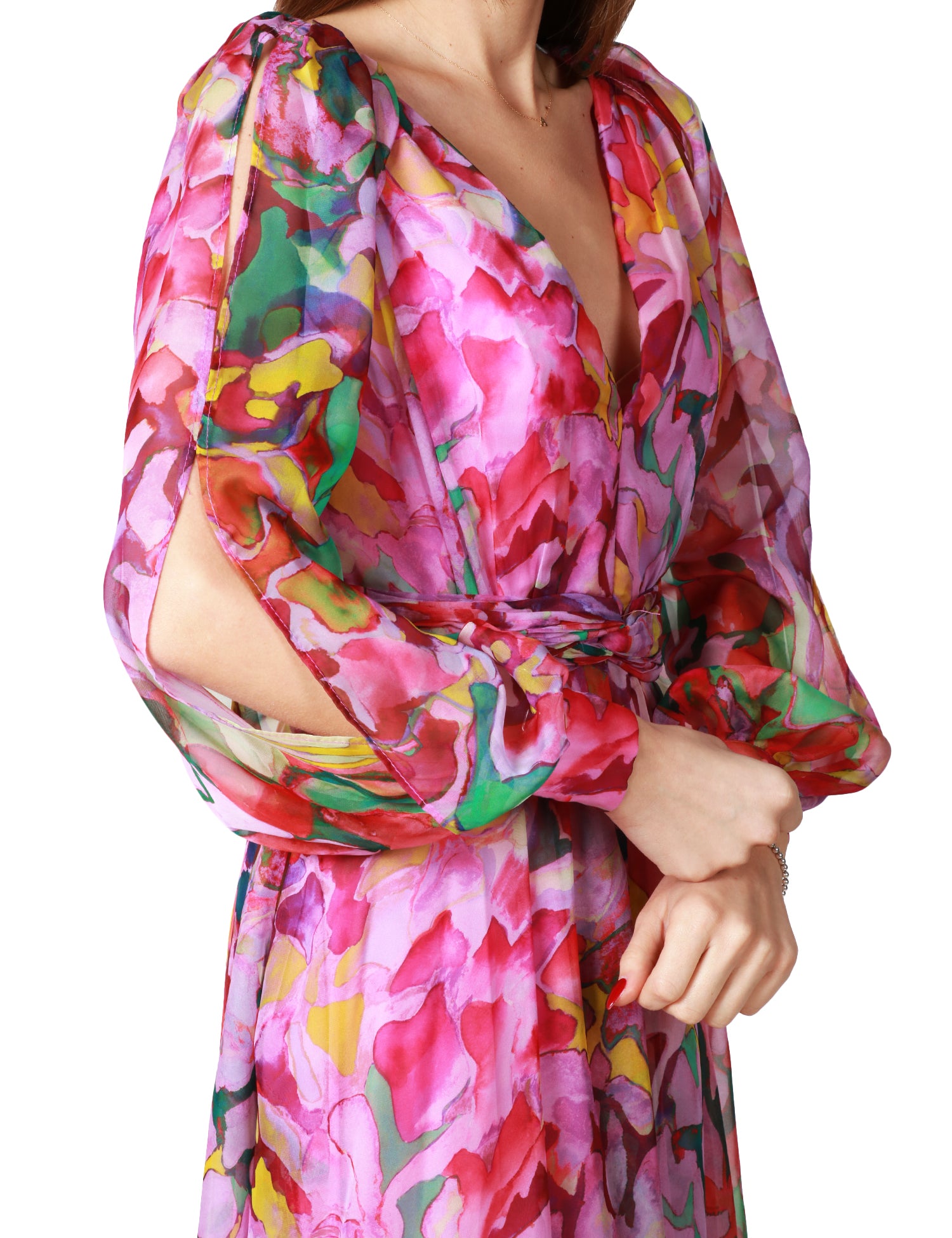ABITO LUNGO CARLA RUIZ ROSA A FANTASIA FLOREALE CON MANICA LUNGA E SCOLLO A V IN CHIFFON