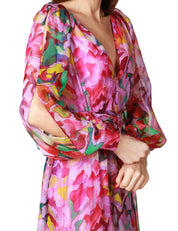 ABITO LUNGO CARLA RUIZ ROSA A FANTASIA FLOREALE CON MANICA LUNGA E SCOLLO A V IN CHIFFON