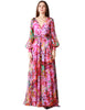 Abito lungo carla ruiz rosa a fantasia floreale con manica lunga e scollo a v in chiffon
