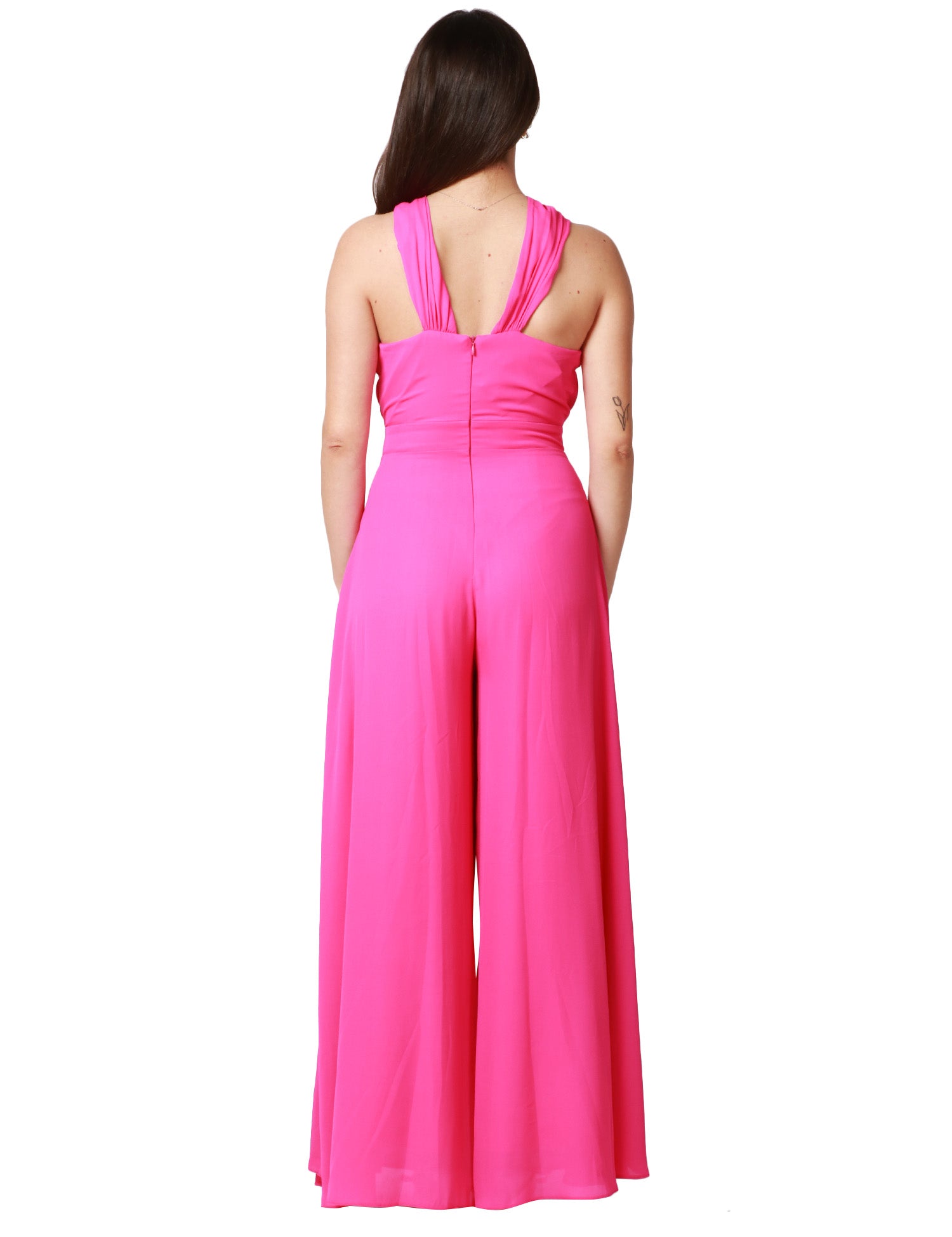 TUTA DONNA CAROL RUIZ FUXIA CON MAXI ROSA SULLO SCOLLO E PANTALONE CROPPED AMPIO