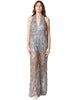 Tuta donna carla ruiz argento con paillettes all over e scollo a v profondo