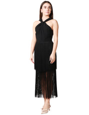 ABITO DONNA CARLA RUIZ NERO CON NODO SUL PETTO, BALZE E FRANGE SULLA GONNA