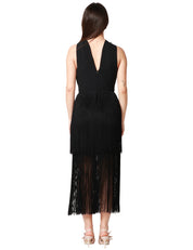 ABITO DONNA CARLA RUIZ NERO CON NODO SUL PETTO, BALZE E FRANGE SULLA GONNA