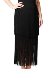 ABITO DONNA CARLA RUIZ NERO CON NODO SUL PETTO, BALZE E FRANGE SULLA GONNA