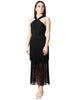 Abito donna carla ruiz nero con nodo sul petto, balze e frange sulla gonna