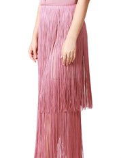 ABITO LUNGO DONNA CARLA RUIZ ROSA SMANICATO CON NODO SUL PETTO, BALZE E FRANGE