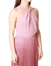 ABITO LUNGO DONNA CARLA RUIZ ROSA SMANICATO CON NODO SUL PETTO, BALZE E FRANGE