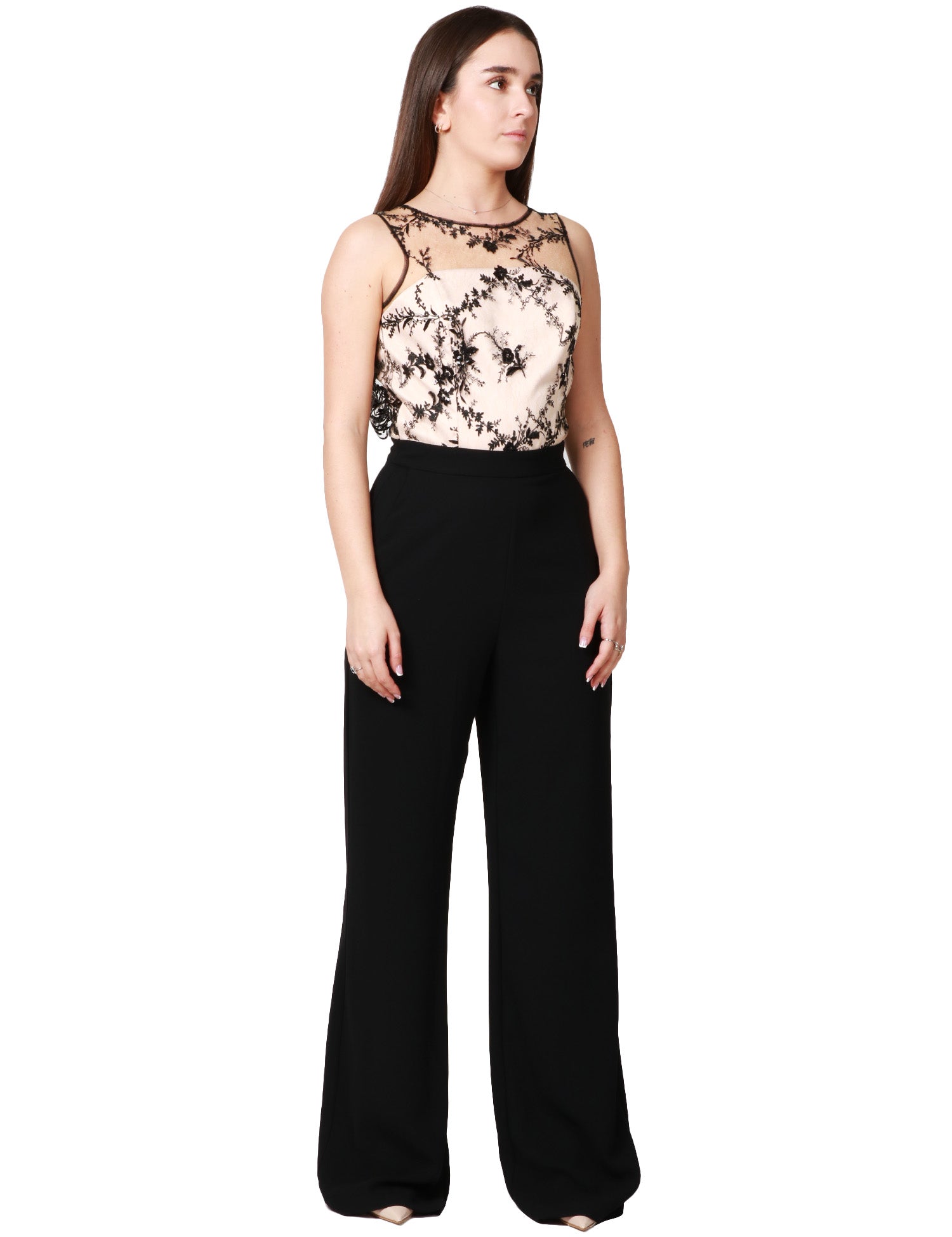TUTA INTERA DONNA CAROL RUIZ BEIGE/NERO CON TOP IN RETE RICAMATO E PANTALONE PALAZZO