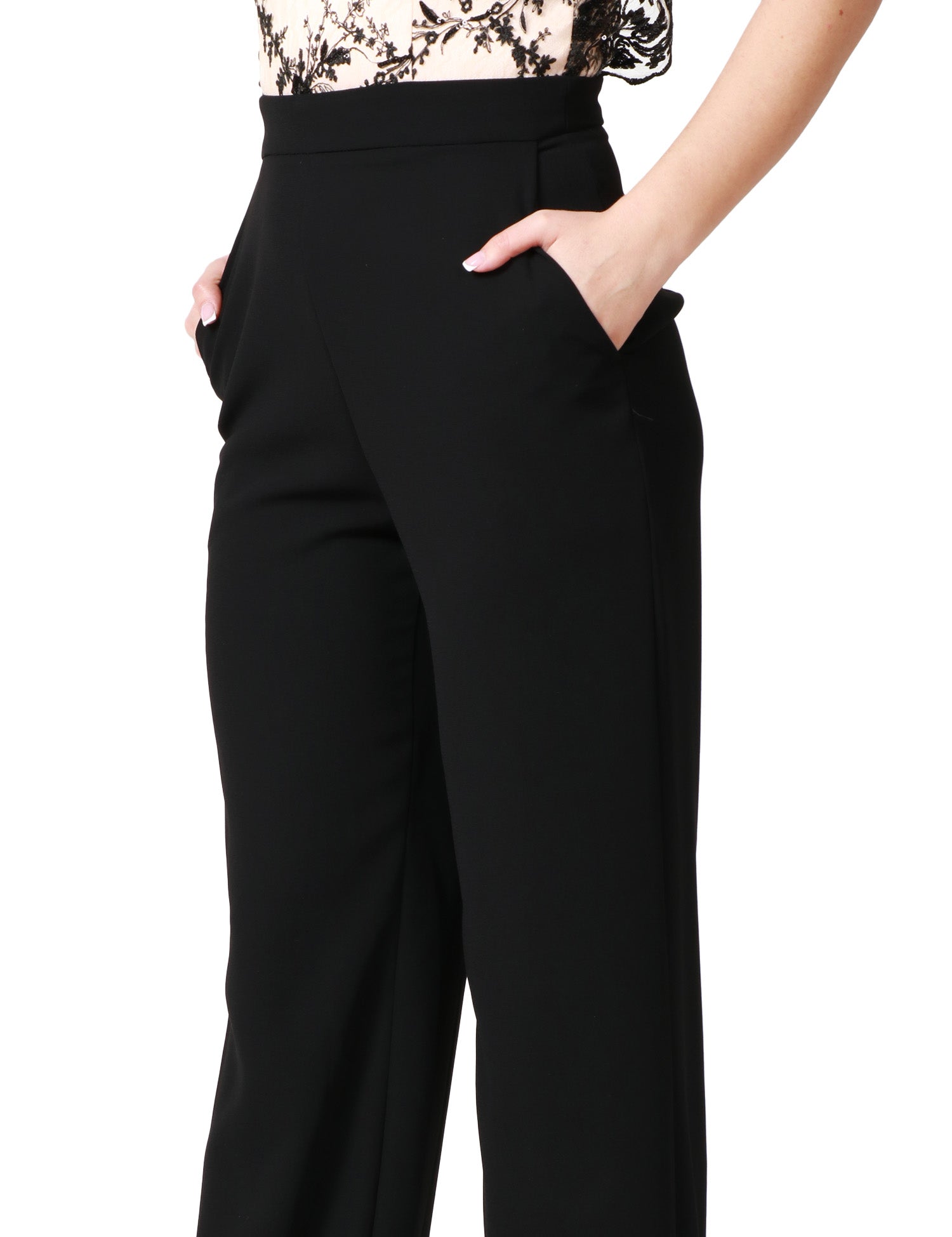 TUTA INTERA DONNA CAROL RUIZ BEIGE/NERO CON TOP IN RETE RICAMATO E PANTALONE PALAZZO
