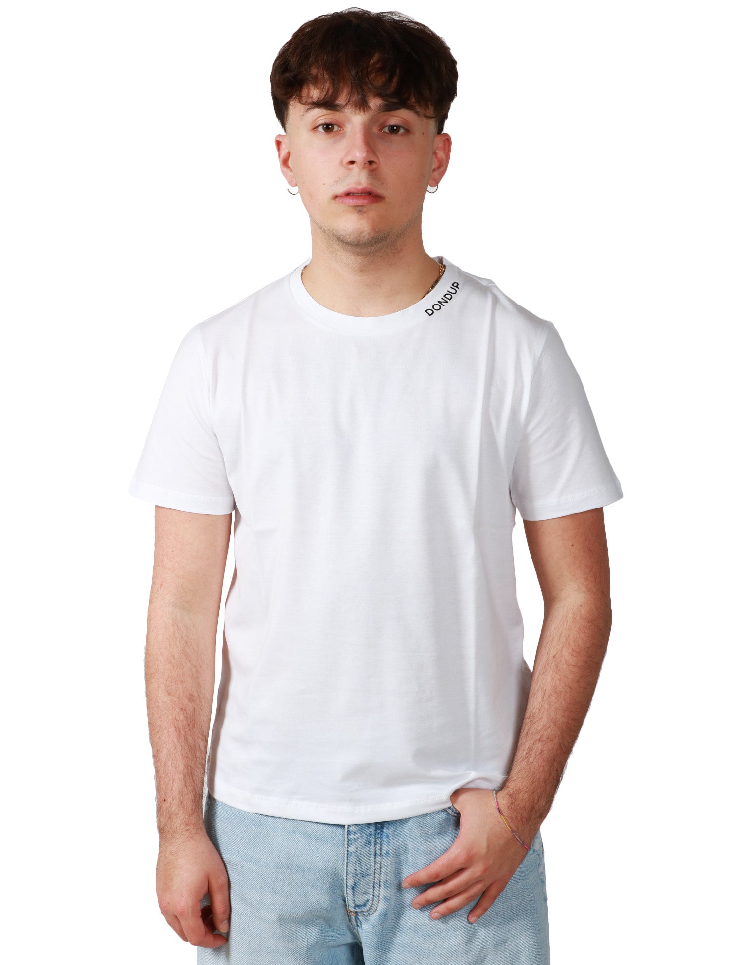 T-SHIRT UOMO DONDUP BIANCA GIROCOLLO CON SCRITTA LOGO SULLO SCOLLO