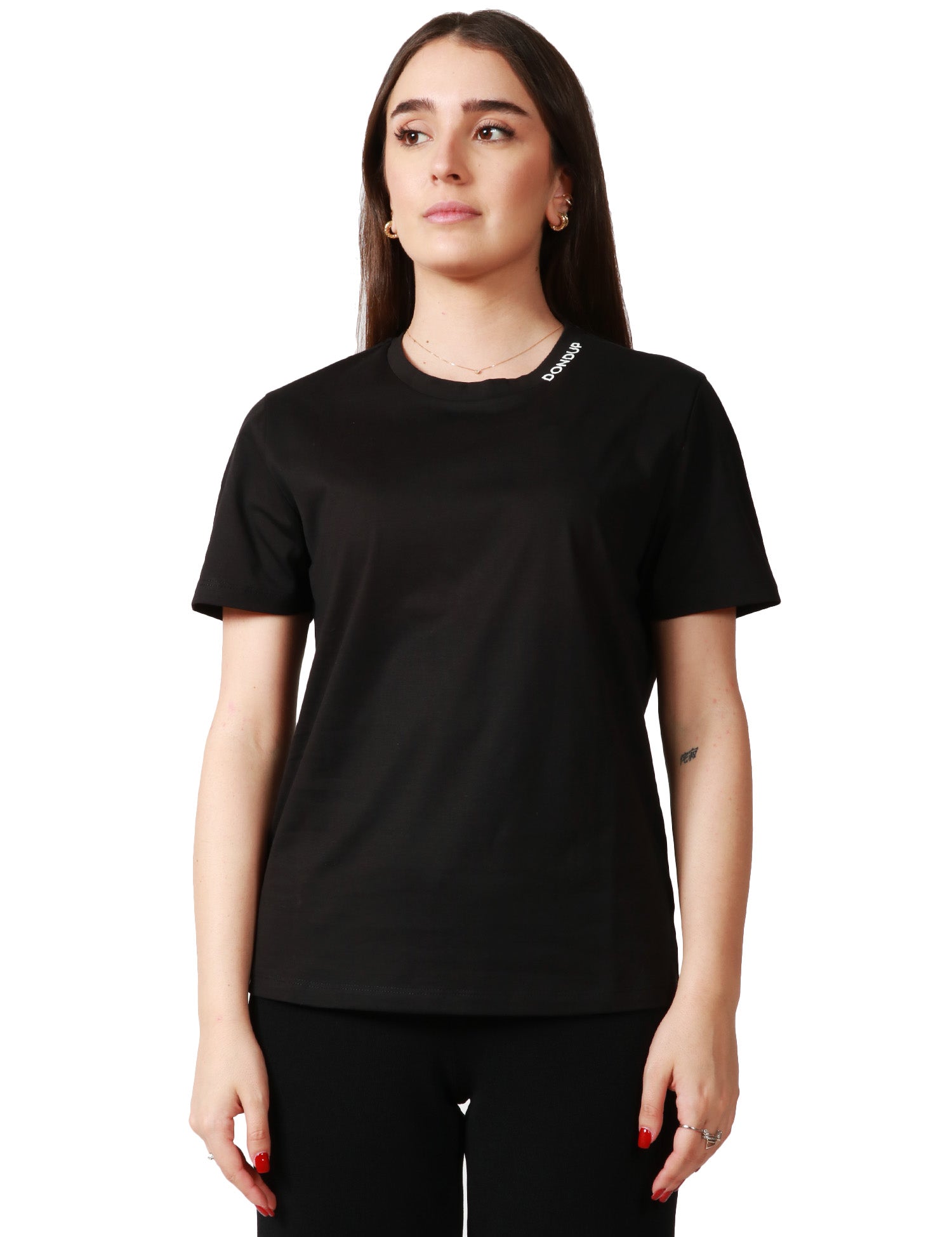 T-SHIRT DONNA DONDUP NERA GIROCOLLO CON SCRITTA LOGO SUL LO SCOLLO