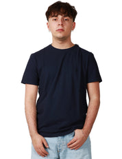 T-SHIRT UOMO DONDUP BLU GIROCOLLO IN JERSEY FIAMMATO CON D LOGO APPLICATA SUL PETTO