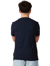 T-SHIRT UOMO DONDUP BLU GIROCOLLO IN JERSEY FIAMMATO CON D LOGO APPLICATA SUL PETTO