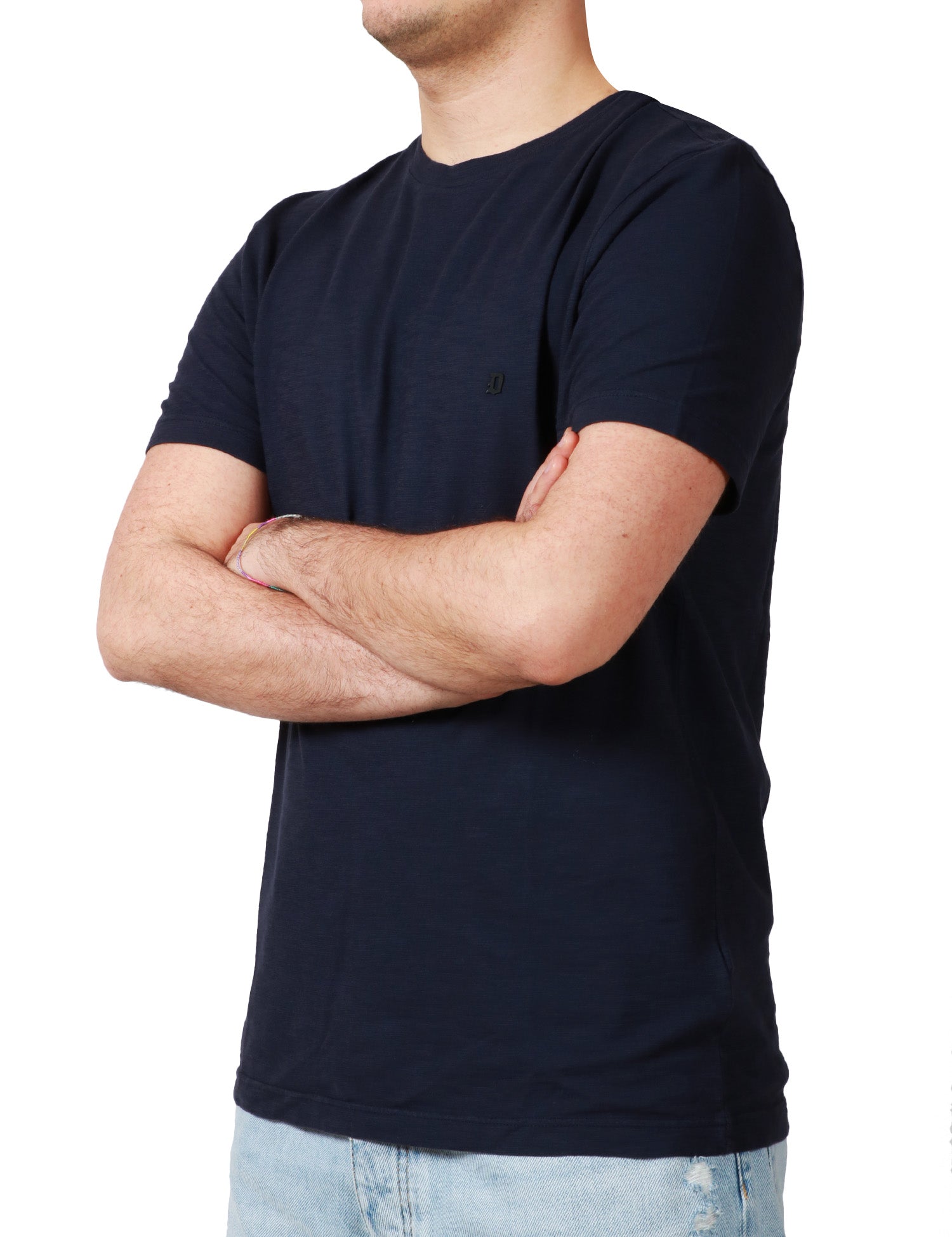 T-SHIRT UOMO DONDUP BLU GIROCOLLO IN JERSEY FIAMMATO CON D LOGO APPLICATA SUL PETTO