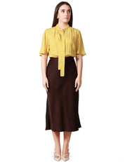 ABITO DONNA ELISABETTA FRANCHI CURRY/CACAO IN GEORGETTE CON MANICA CORTA E GONNA MIDI