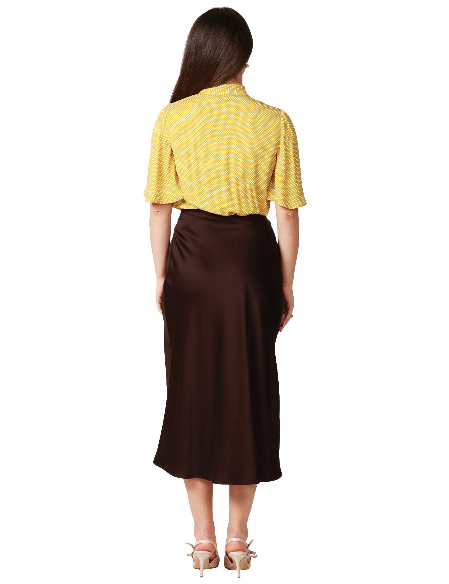 ABITO DONNA ELISABETTA FRANCHI CURRY/CACAO IN GEORGETTE CON MANICA CORTA E GONNA MIDI