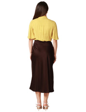 ABITO DONNA ELISABETTA FRANCHI CURRY/CACAO IN GEORGETTE CON MANICA CORTA E GONNA MIDI