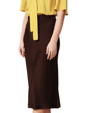 ABITO DONNA ELISABETTA FRANCHI CURRY/CACAO IN GEORGETTE CON MANICA CORTA E GONNA MIDI