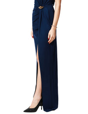 ABITO LUNGO DONNA ELISABETTA FRANCHI BLU OLTREMARE CON SCOLLO ASIMMETRICO E SPACCO LATERALE IN JERSEY FLUIDO