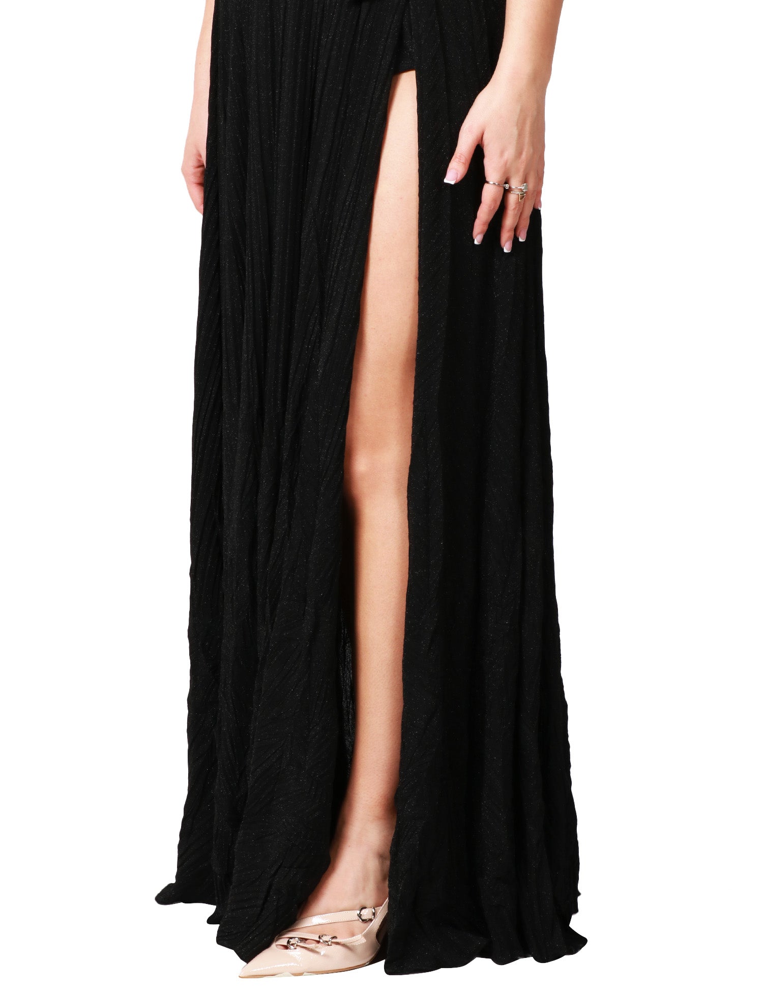 ABITO LUNGO DONNA ELISABETTA FRANCHI NERO IN JERSEY LUREX CON FIORE APPLICATO SUL FIANCO E SPACCO LATERALE