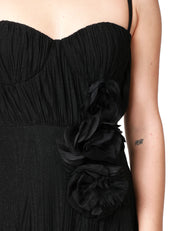 ABITO LUNGO DONNA ELISABETTA FRANCHI NERO IN JERSEY LUREX CON FIORE APPLICATO SUL FIANCO E SPACCO LATERALE