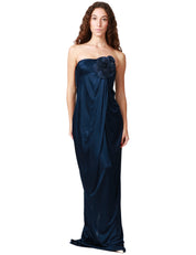 ABITO LUNGO DONNA ELISABETTA FRANCHI OLTREMARE IN JERSEY LUCIDO CON FIORE APPLICATO E DRAPPEGGI