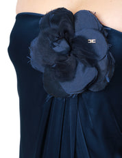 ABITO LUNGO DONNA ELISABETTA FRANCHI OLTREMARE IN JERSEY LUCIDO CON FIORE APPLICATO E DRAPPEGGI