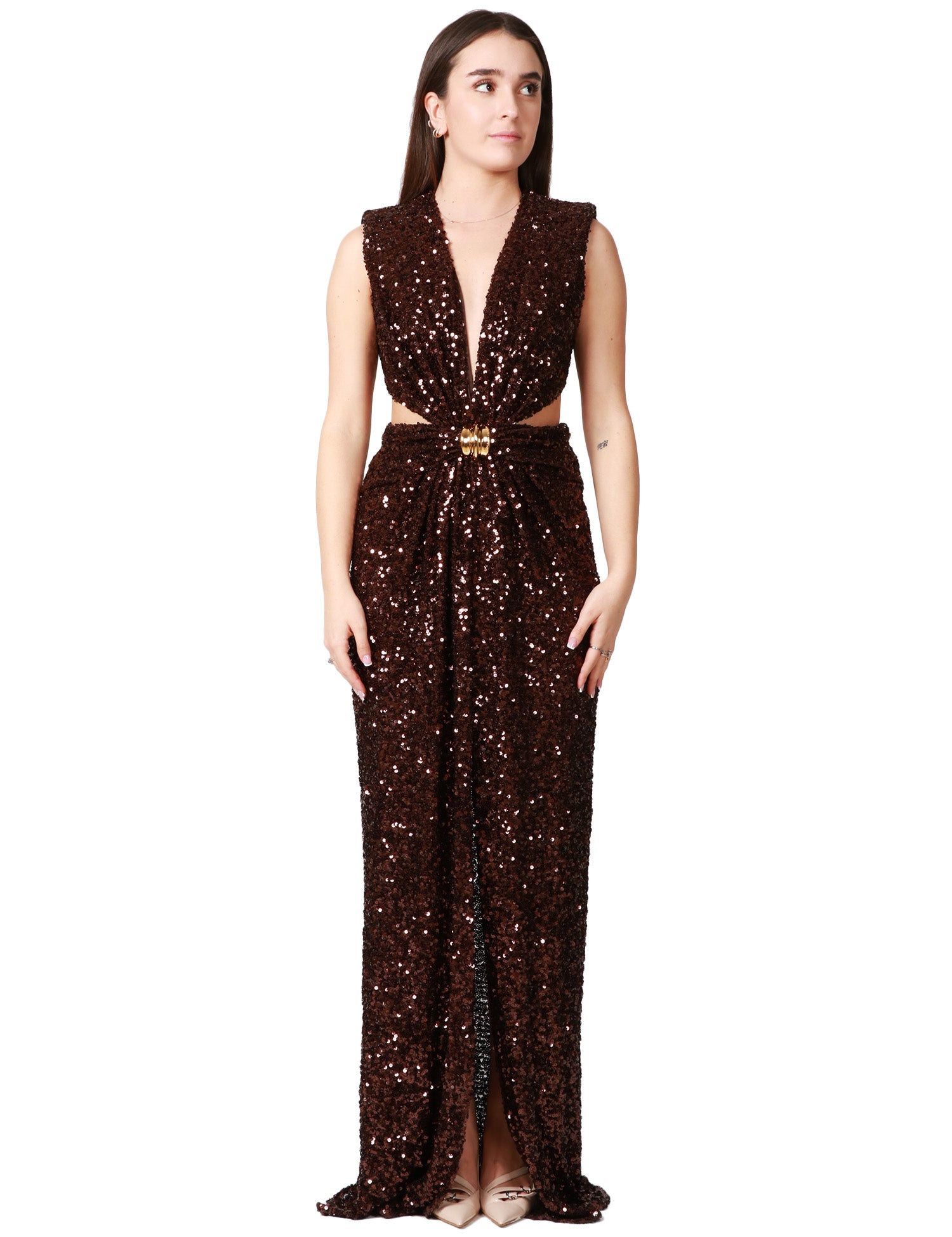 ABITO LUNGO DONNA ELISABETTA FRANCHI CACAO IN PAILLETTES CON SCOLLO A V E FIANCHI SCOPERTI