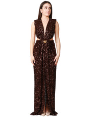 ABITO LUNGO DONNA ELISABETTA FRANCHI CACAO IN PAILLETTES CON SCOLLO A V E FIANCHI SCOPERTI