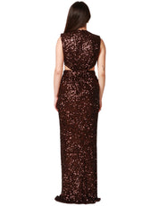 ABITO LUNGO DONNA ELISABETTA FRANCHI CACAO IN PAILLETTES CON SCOLLO A V E FIANCHI SCOPERTI