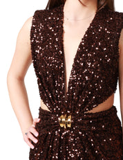 ABITO LUNGO DONNA ELISABETTA FRANCHI CACAO IN PAILLETTES CON SCOLLO A V E FIANCHI SCOPERTI