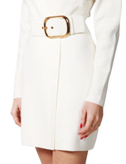 ABITO DONNA ELISABETTA FRANCHI AVORIO IN VISCOSA CON SCOLLO INCROCIATO, INSERTO IN SIMILPELLE CON FIBBIA IN METALLO LOGATO