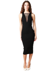 ABITO MIDI DONNA ELISABETTA FRANCHI NERO IN MAGLIA CON LACCI INCROCIATI SULLO SCOLLO