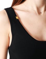 ABITO DONNA ELISABETTA FRANCHI NERO SMANICATO CON LONGUETTE IN VISCOSA E TAGLI CORSETTERIA SUL PUNTO VITA
