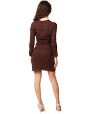ABITO MINI DONNA ELISABETTA FRANCHI CACAO A MANICA LUNGA IN VISCOSA TRAFORATA CON FIORE GIOIELLO