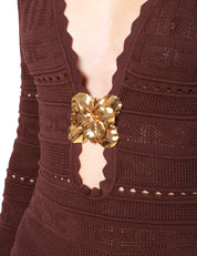 ABITO MINI DONNA ELISABETTA FRANCHI CACAO A MANICA LUNGA IN VISCOSA TRAFORATA CON FIORE GIOIELLO