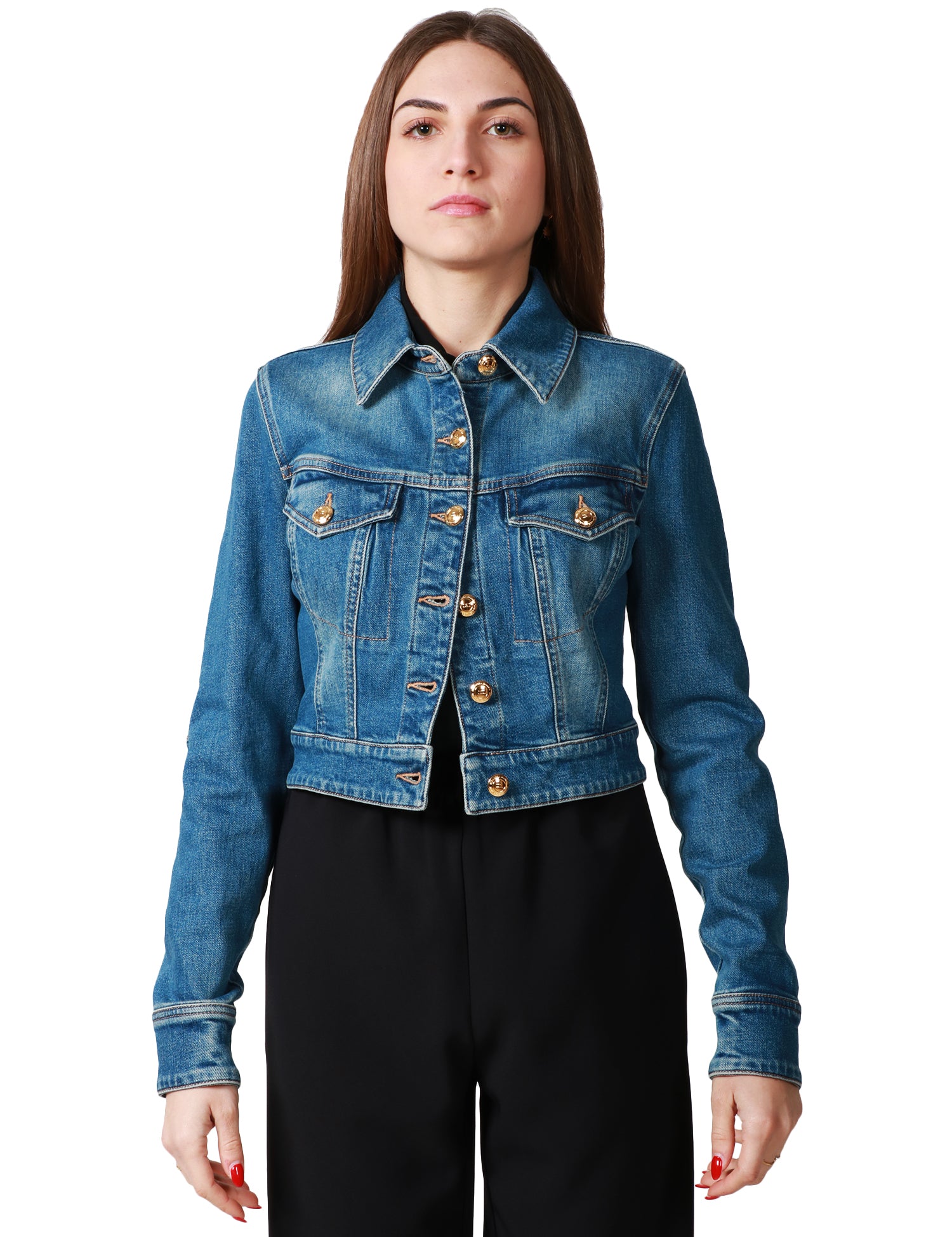 GIUBBINO DONNA ELISABETTA FRANCHI IN DENIM CON EFFETTO VINTAGE, BOTTONI ORO LOGATI E IMPUNTURE TABACCO